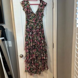 Wayf Pink and Green Floral High-Low Ruffle Midi Dress